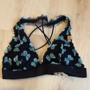 PINK Victoria's Secret Black and Teal Floral Lace Bralette